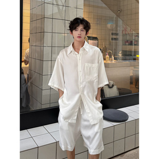 韩国cleanfit男士套装夏季薄款亚麻透气时尚短袖衬衫宽松休闲短裤