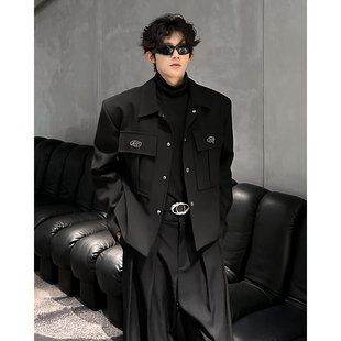 小众金属装饰工装垫肩短款呢子夹克外套男模穿搭高级感痞帅西装潮