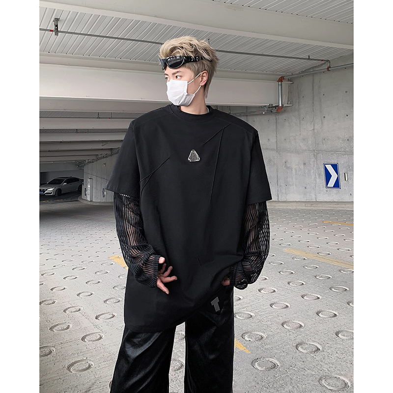 夏季小众暗黑金属扣网纱拼接假两件垫肩T恤男短袖痞帅潮牌设计感