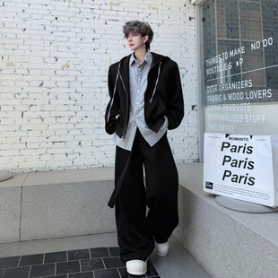 秋装小众衬衫拼接假两件连帽卫衣套装男痞帅高级感休闲长裤两件套