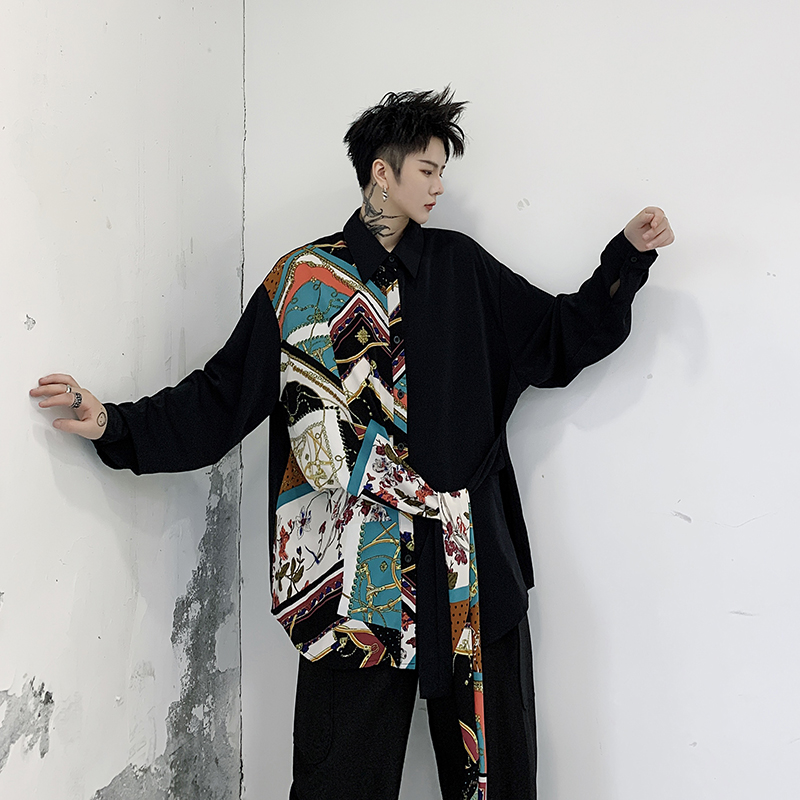 春夏季复古名族风印花个性拼接不规则长袖衬衫潮男时尚发型师夜店