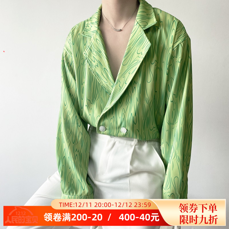 夏季洋气水波纹印花冷淡风翻领长袖男衬衣韩版时髦慵懒雅痞衬衫潮