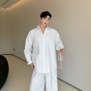 秋季小众oversize宽松条纹廓形衬衣套装男休闲慵懒风阔腿裤两件套