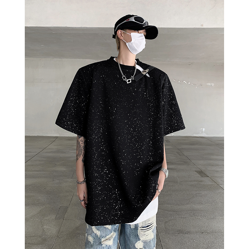 夏季满天星设计感小众皮扣垫肩T恤男短袖韩版痞帅高级感重磅上衣