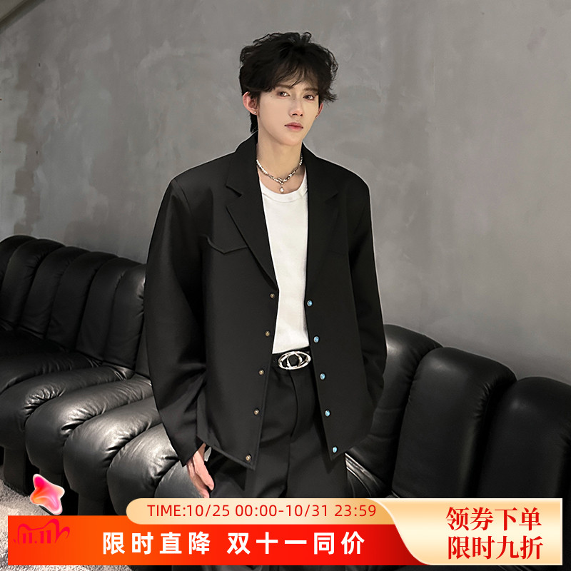 男模穿搭上衣cleanfit黑色绿松石扣设计垫肩休闲夹克外套痞帅西装
