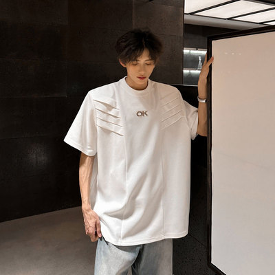 夏季小众结构垫肩设计感T恤男短袖韩版ok标重磅上衣休闲半袖t恤潮