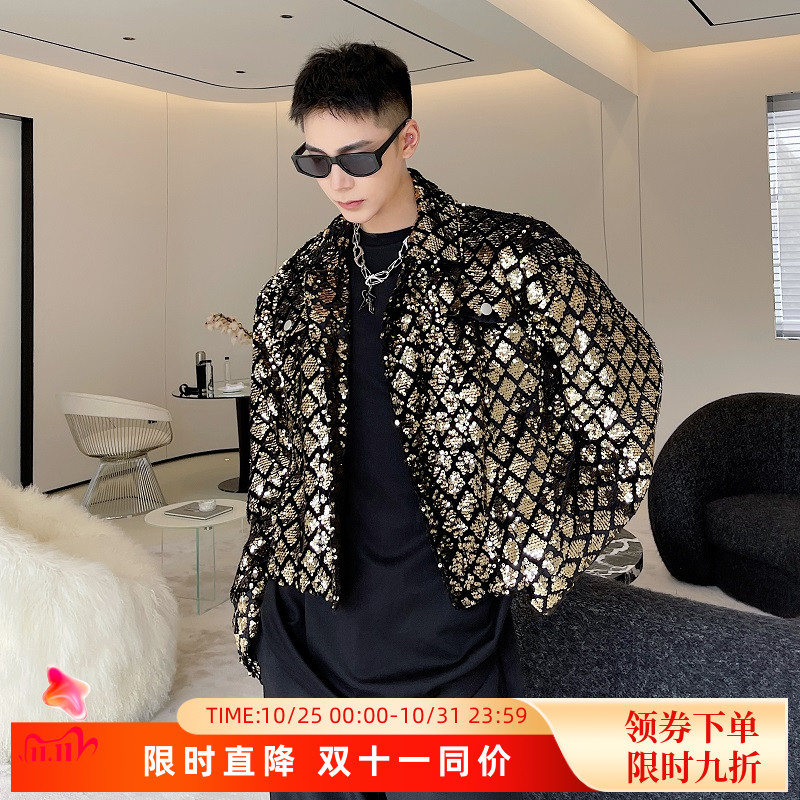 高级感炸街夹克男短春秋个性丝绒亮片外套潮流痞帅小众发型师演出