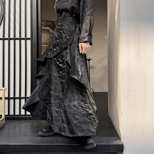 早春新中式国潮风小众压褶花纹裙裤男女个性长裙日系复古休闲裤子