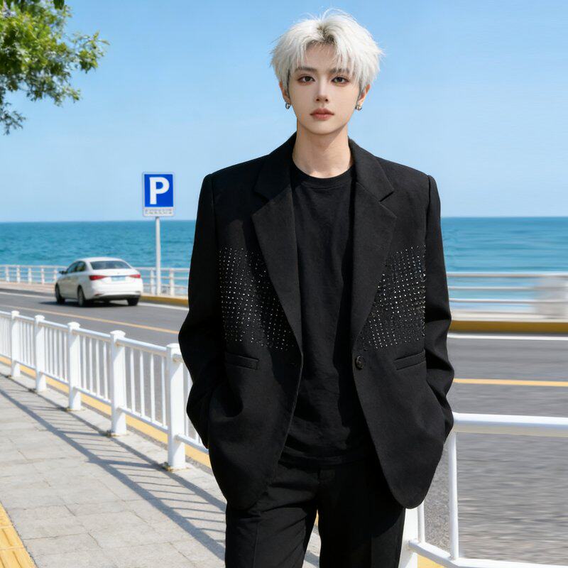 春秋小众轻奢烫钻黑色西装外套男高级感痞帅设计感垫肩宽松西服潮
