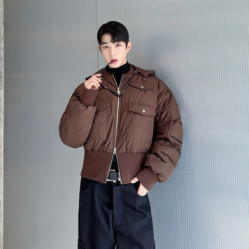 冬季老钱褐色螺纹设计感短款可拆卸带帽羽绒服外套男复古加厚保暖