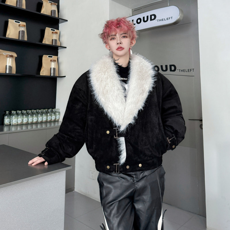 2025冬装潮牌时尚麂皮绒大毛领夹克棉衣外套男痞帅老钱高级感保暖