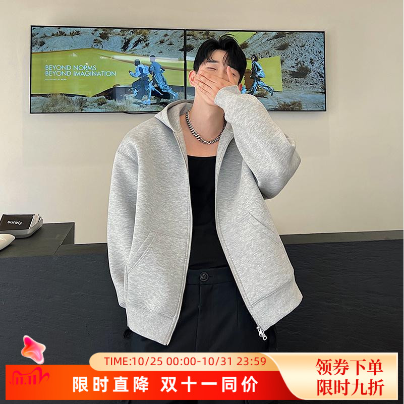 秋装韩国双头拉链空气层可拆卸垫肩连帽卫衣男休闲开衫高级感外套
