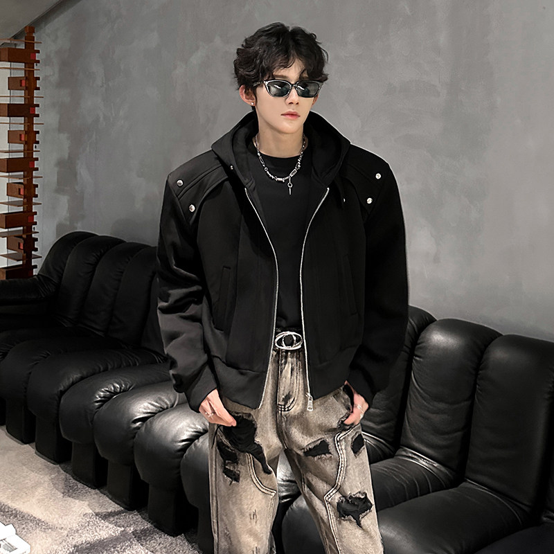 秋季美式重磅垫肩拉链解构连帽卫衣男短款高级感痞帅加厚夹克外套