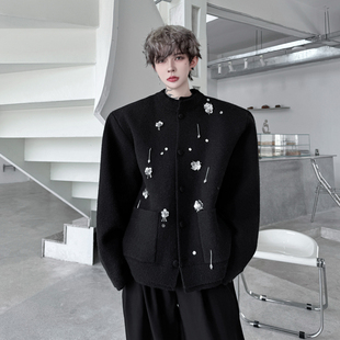 秋冬款高级感设计师钉珠缝花小众针织开衫外套男痞帅穿搭毛衣韩版