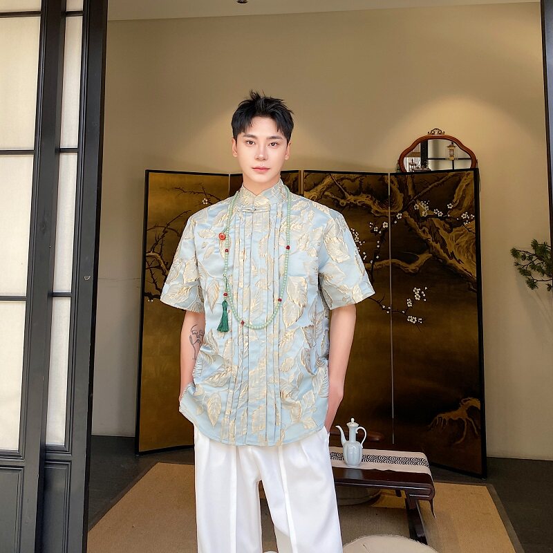 夏季新中式锦缎立体提花盘扣立领短袖男女衬衣皱褶设计感国风衬衫