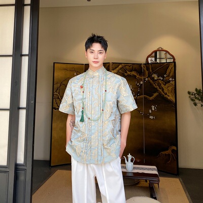 夏季新中式锦缎立体提花盘扣立领短袖男女衬衣皱褶设计感国风衬衫