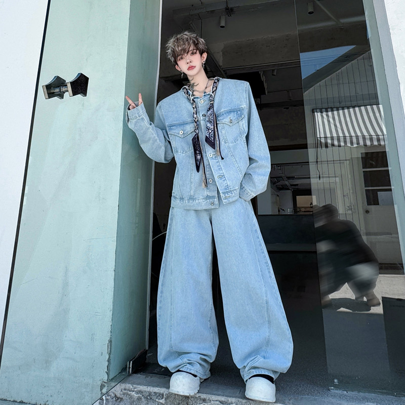 2025韩国小众丝巾装饰牛仔夹克小香风外套男廓形阔腿弯刀长裤套装
