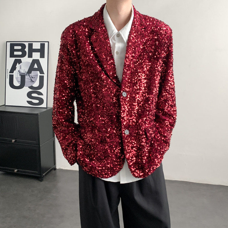 春季玫瑰红时尚闪闪亮片晚会年会舞台装男西服演出服西装歌手外套