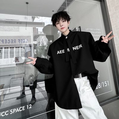 秋装高级感痞帅垫肩长袖衬衫男立领字母印花韩版设计感飘带衬衣潮