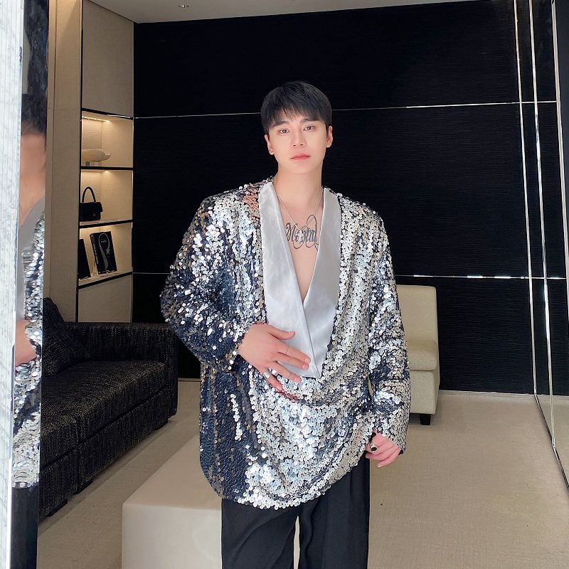 春秋亮片缎面拼接套头V领西服外套男雅痞炸街小众时尚演出服舞台