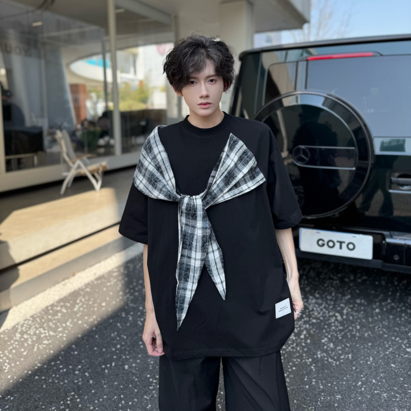 夏季小众时尚蝴蝶结贴布格子拼接设计感短袖T恤男网红穿搭痞帅t恤