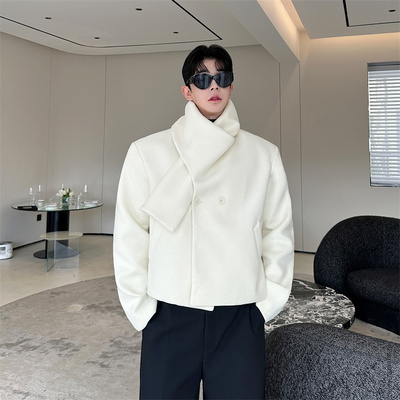 秋冬款韩版围脖设计感呢子短款大衣男重磅高级感围巾领羊毛呢外套