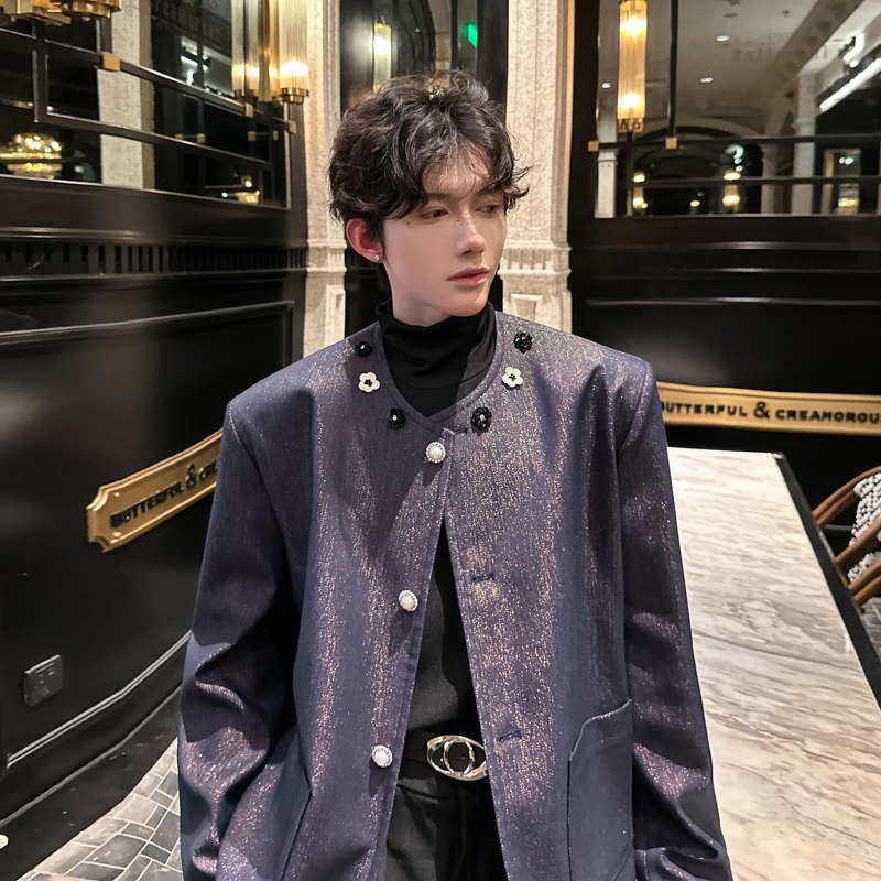 春秋韩版小香风外套男无领夹克小众垫肩闪亮牛仔时尚气质演出服男