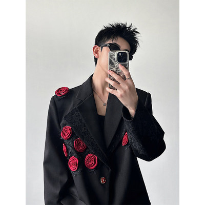 2026春装小众双层领设计刺绣高级感立体花朵演出垫肩西服男外套潮