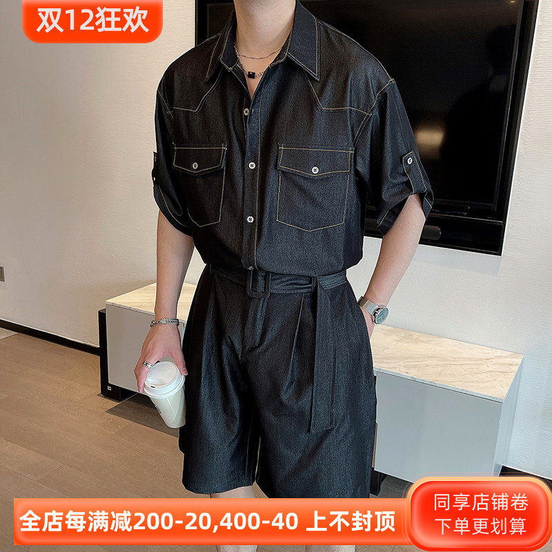 여름 드레이프 주름 방지 텐셀 데님 반팔 셔츠 정장 남성 작업복 하이 엔드 잘 생긴 반바지 투피스 트렌디 세트