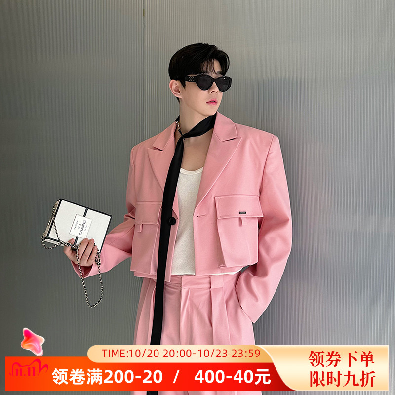 韩国小众时尚设计师立体口袋短款西装套装男女粉色阔腿裤两件套潮