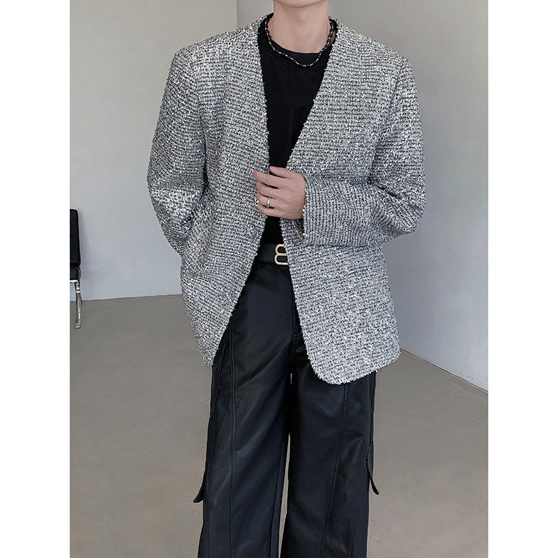 春秋小香风轻奢休闲外套开衫闪闪亮面银色高级感拼皮无领夹克韩版