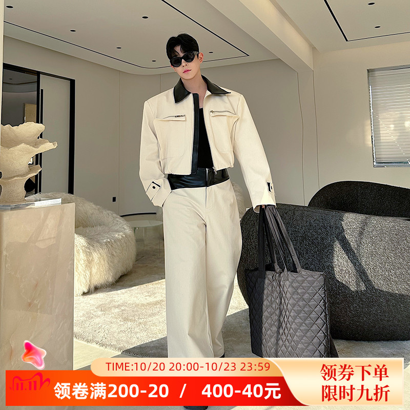 2025春装设计师款撞色拼皮拉链时尚短款西装套装男阔腿长裤两件套