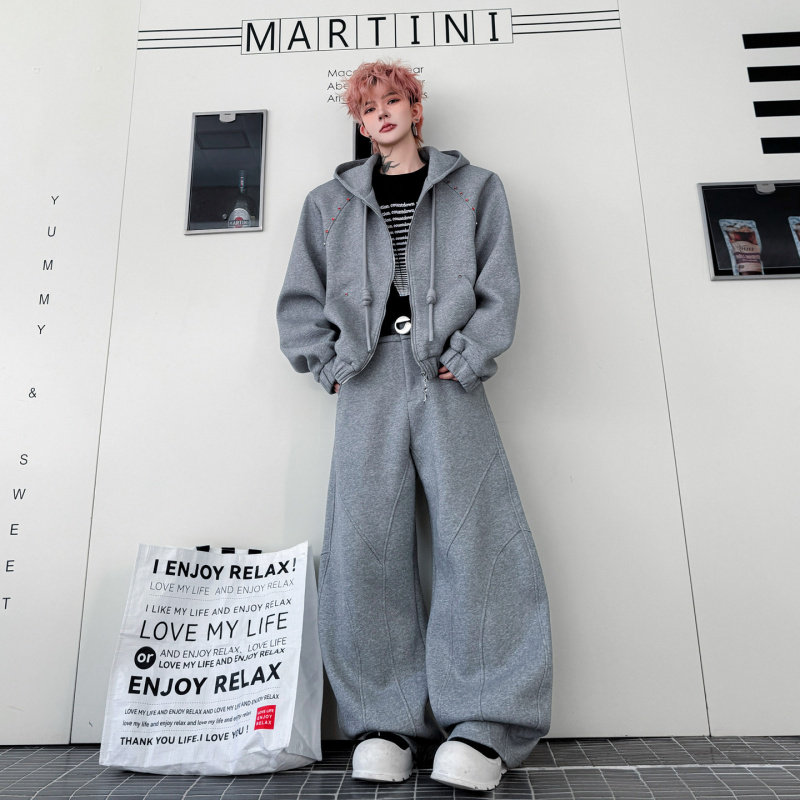 2026春装美式高街钉珠点缀连帽开衫卫衣套装男重磅休闲运动阔腿裤