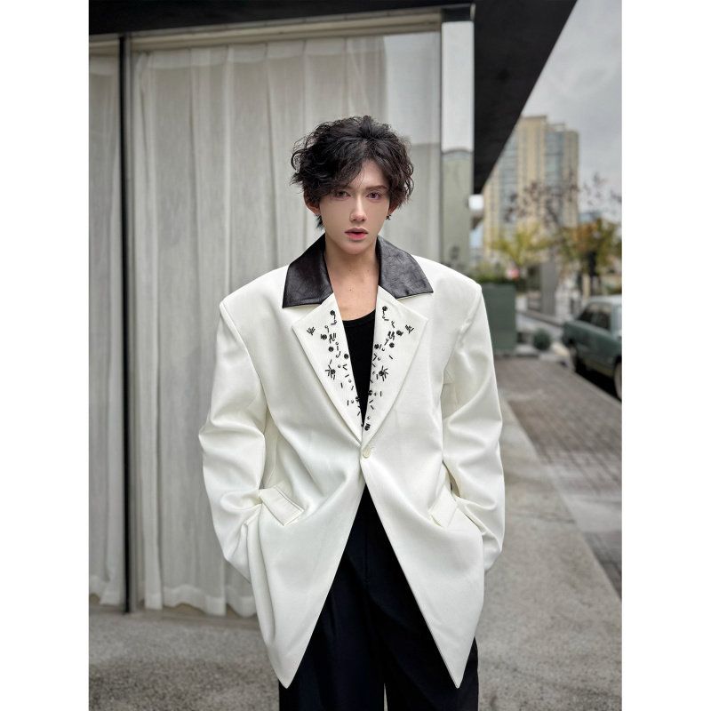 春装拼接PU皮领手工绣珠设计感休闲西装外套男时尚宽松高级感西服