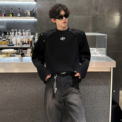 秋季垫肩设计高街肌理感长袖T恤男金属解构潮牌高级感痞帅卫衣男