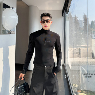 秋冬韩版小众印花半高领弹力紧身长袖T恤男痞帅短款内搭打底衫潮