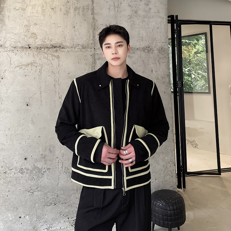 秋冬加厚灯芯绒撞色翻领短款男夹克外套潮流雅痞复古上衣发型师男