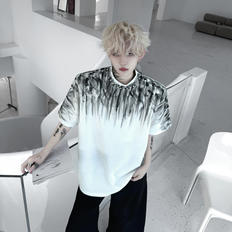 夏装小众手工钉珠手绘图案设计感垫肩T恤男短袖美式嘻哈半袖上衣