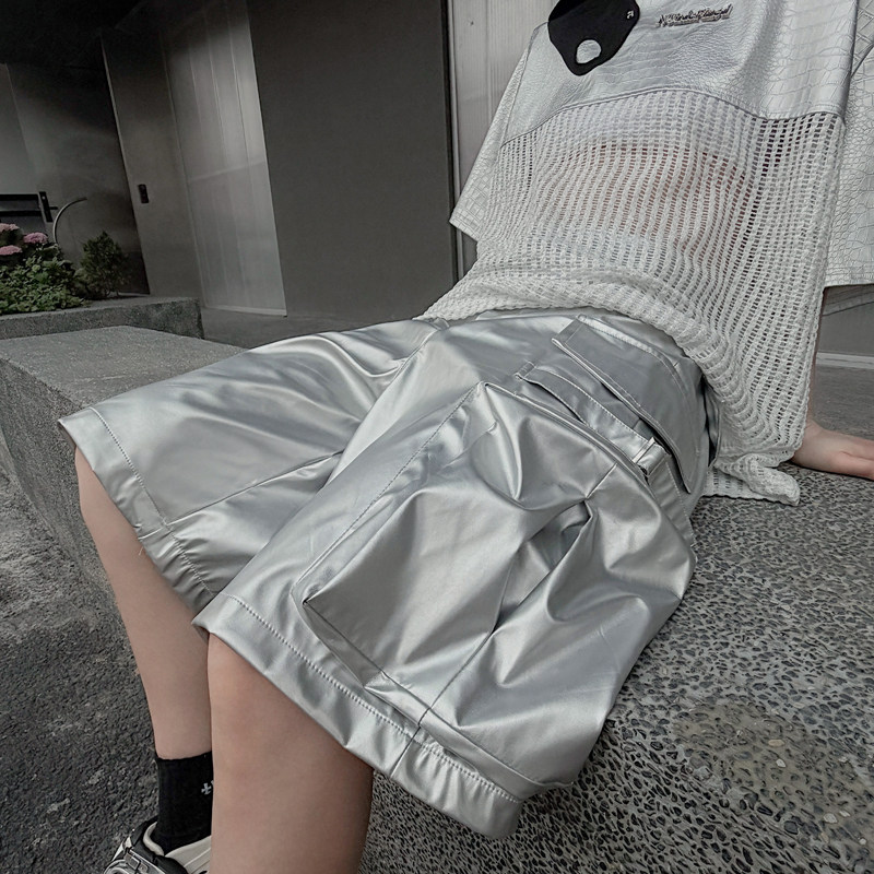 美式高街多口袋银色PU皮短裤男宽松休闲裤hiphop嘻哈街舞五分裤子