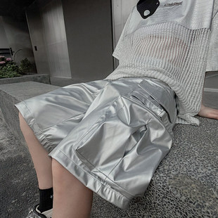美式高街多口袋银色PU皮短裤男宽松休闲裤hiphop嘻哈街舞五分裤子