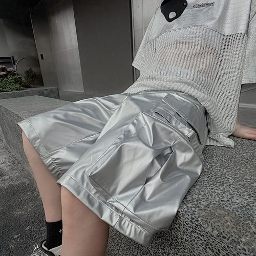 美式高街多口袋银色PU皮短裤男宽松休闲裤hiphop嘻哈街舞五分裤子