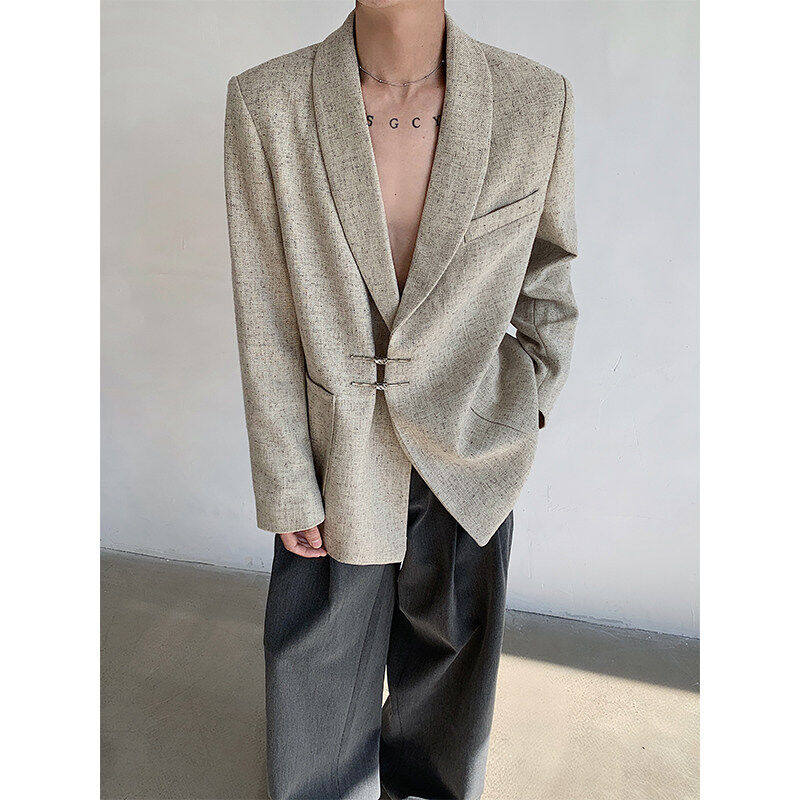 春夏性中式男士老钱风质感金属盘扣垫肩西装外套男气质高级感西服