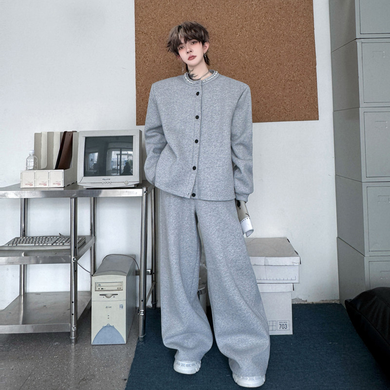 2025秋季韩国钉珠装饰开衫卫衣套装男垫肩设计感阔腿长裤两件套潮,男装,时尚套装,淘宝优惠券,粉丝福利购,淘宝优惠卷