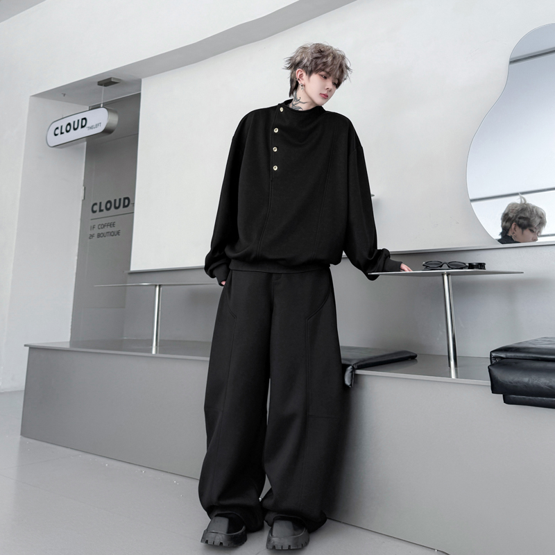 2025春秋斜门襟纽扣设计感立领卫衣套装男高级感痞帅休闲运动长裤