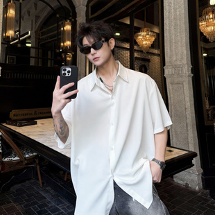 小清新冰丝白色短袖 垂感廓形免烫休闲衬衣打底衫 衬衫 薄款 男士 夏季