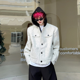 秋冬款韩版撞色连帽短款呢子西服男设计感气质小香风休闲西装外套