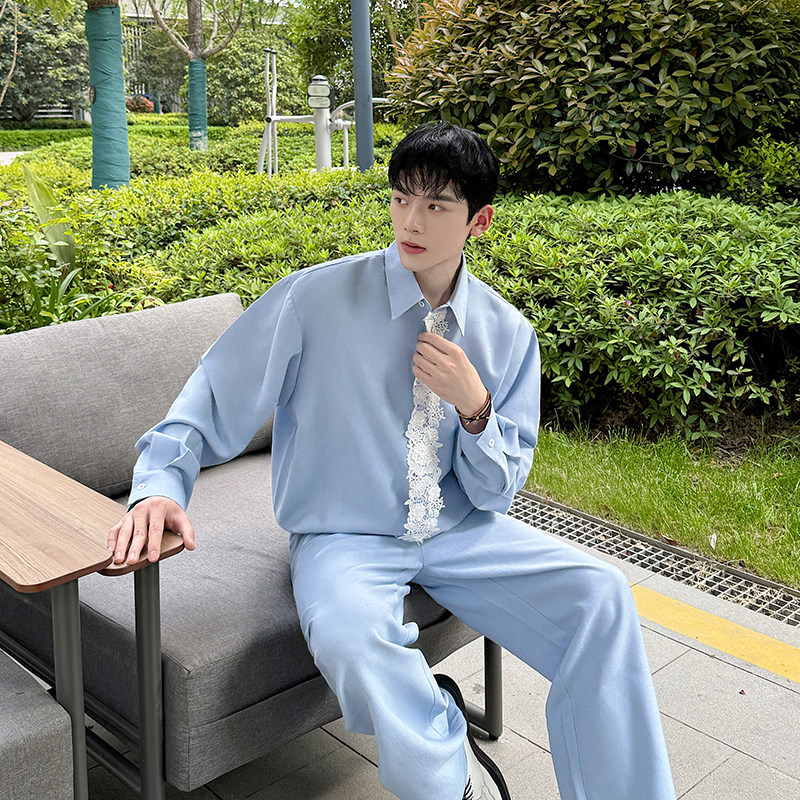 夏季复古浅蓝色小众花边拼接法式衬衫套装男坠垂慵懒风长裤两件套