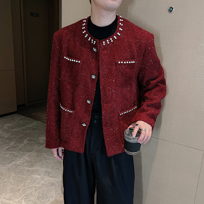 秋季复古高级定制闪钻珍珠扣垫肩小香风外套男气质轻奢夹克上衣潮