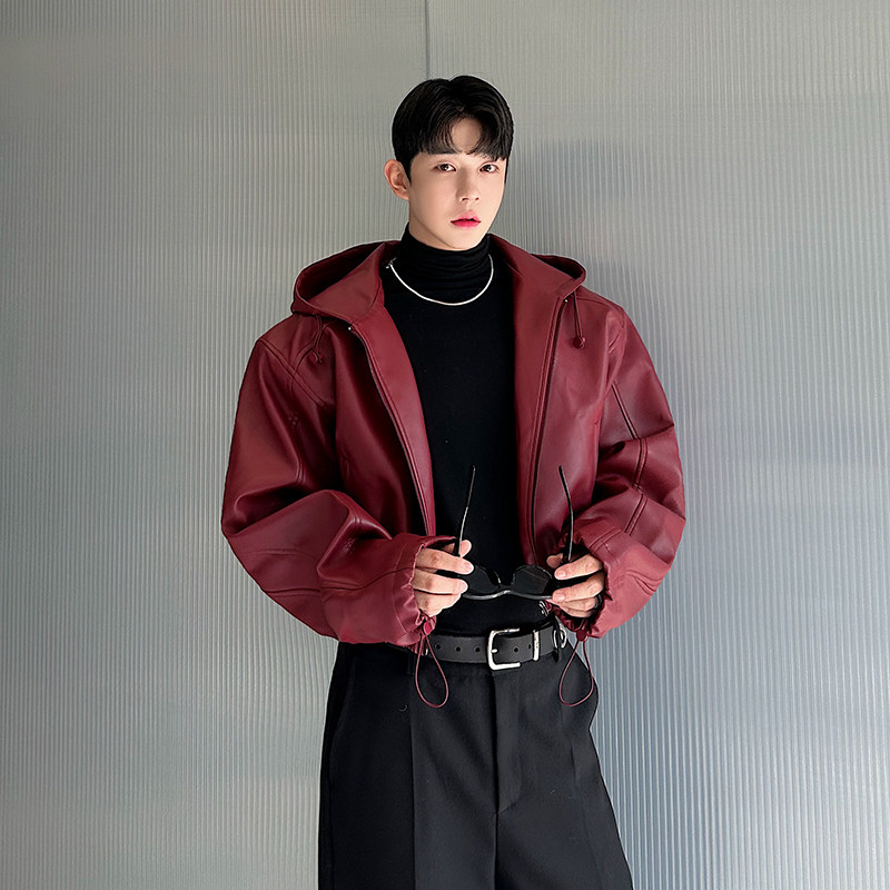 小众设计师美式复古松紧衣摆连帽短款皮衣痞帅高级感机车夹克外套
