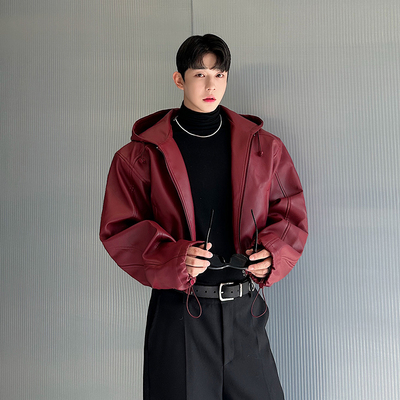 小众设计师美式复古松紧衣摆连帽短款皮衣痞帅高级感机车夹克外套